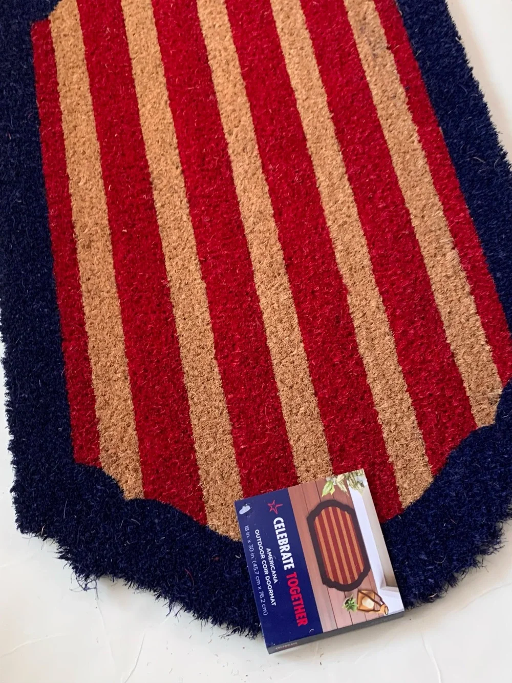 Outdoor doormat red stripe navy trim